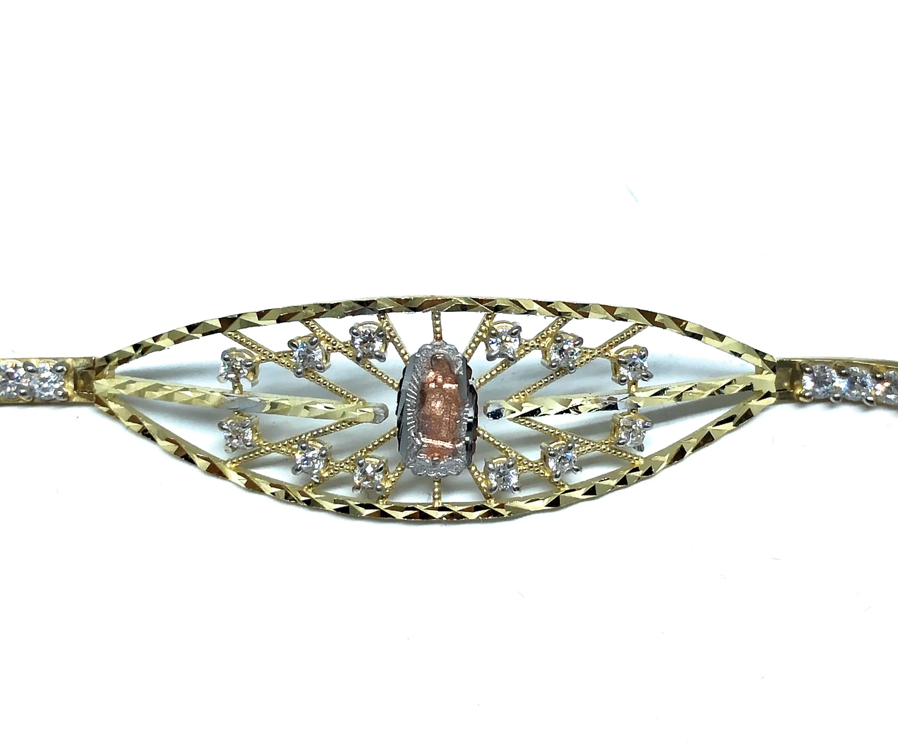 10k Solid Gold Tri-Color Virrgin Mary Filigran CZ Brracelet 7 inch Virrgen Guadalupe