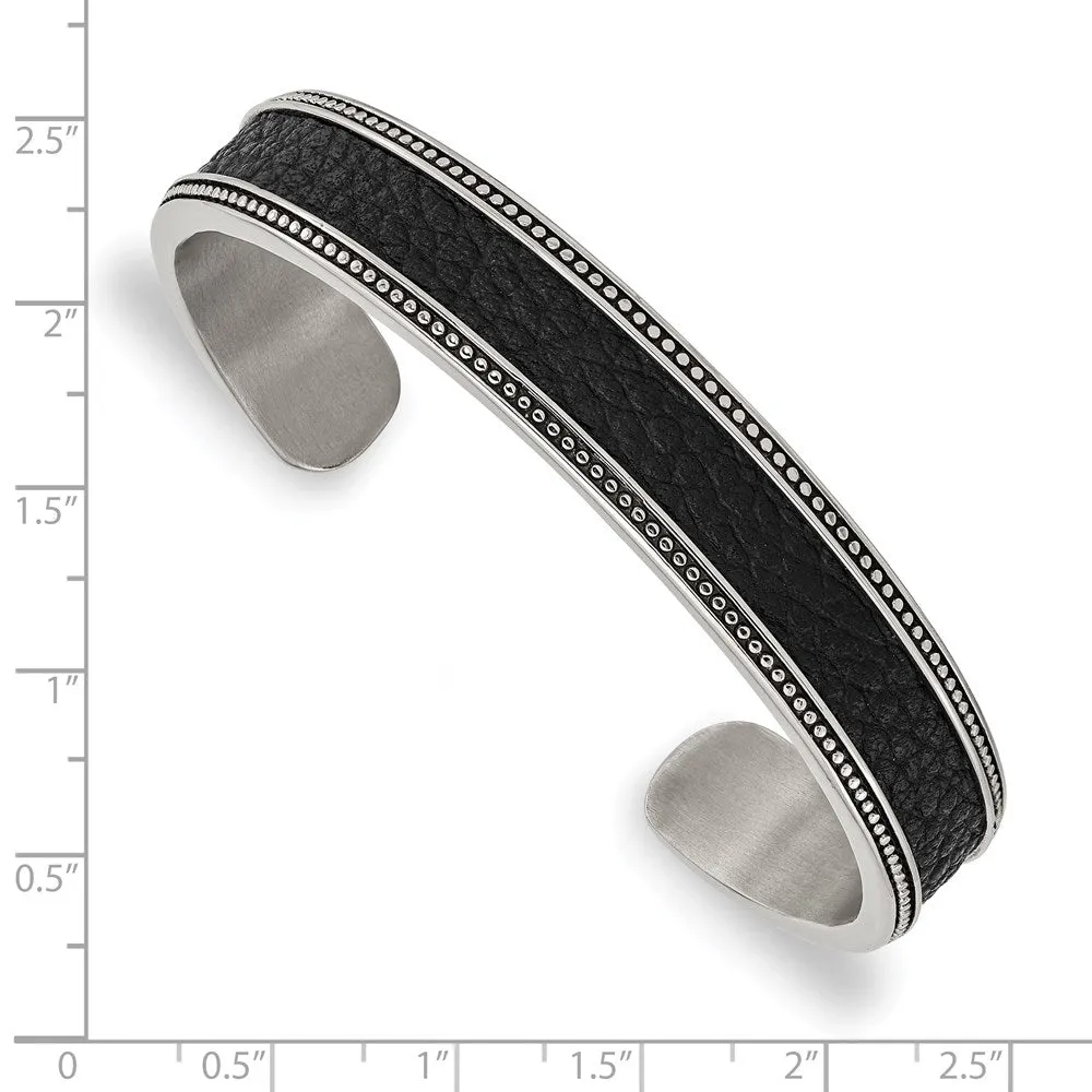 12mm Stainless Steel & Textured Leather Antique Cuff Bracelet, 7.25 In