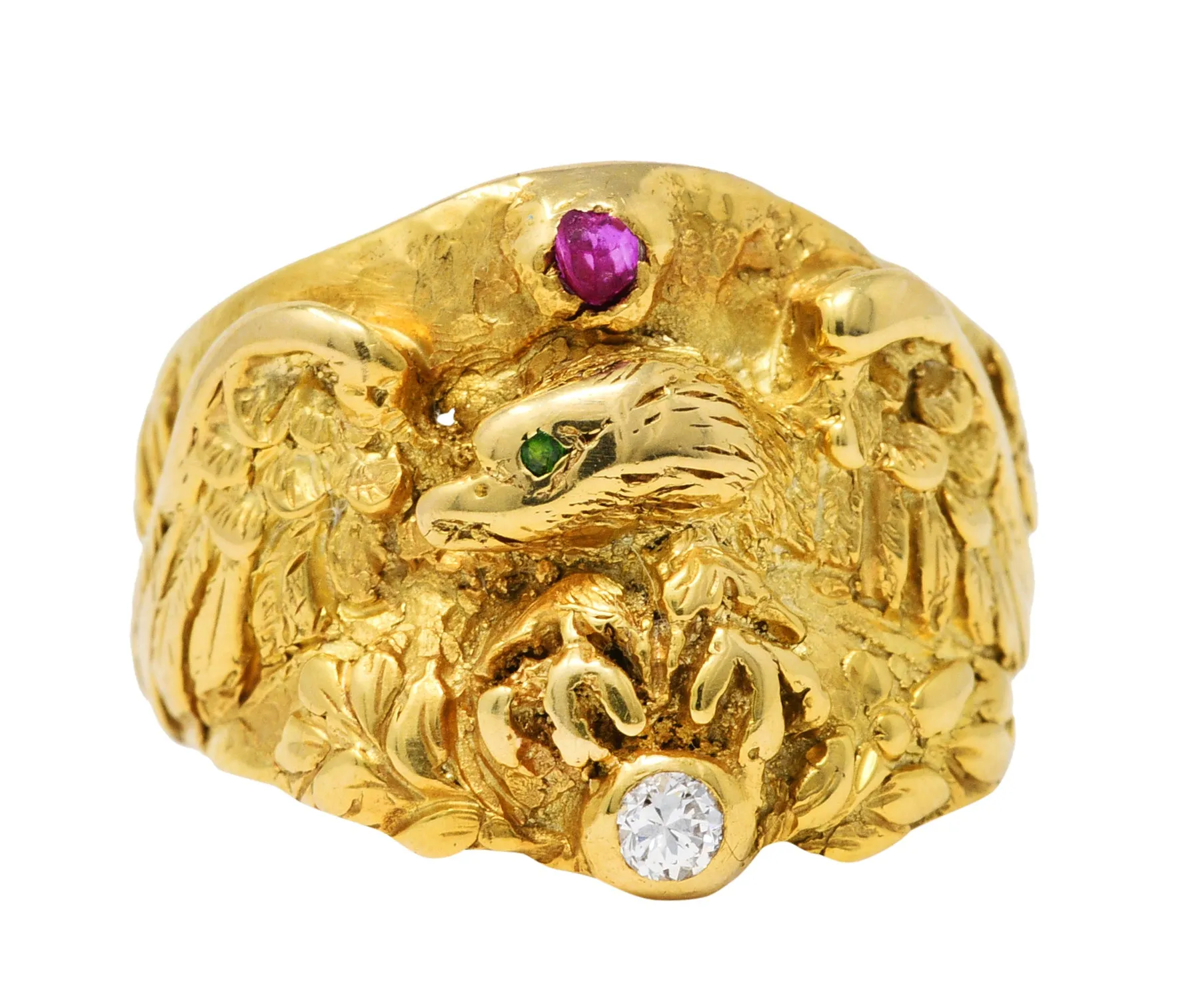 1890 Victorian Diamond Ruby 14 Karat Gold Eagle Ring