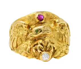 1890 Victorian Diamond Ruby 14 Karat Gold Eagle Ring