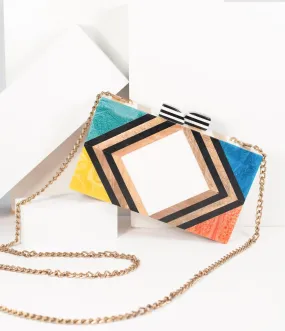 1960s Style Rainbow Chevron Wood & Resin Hard Clutch