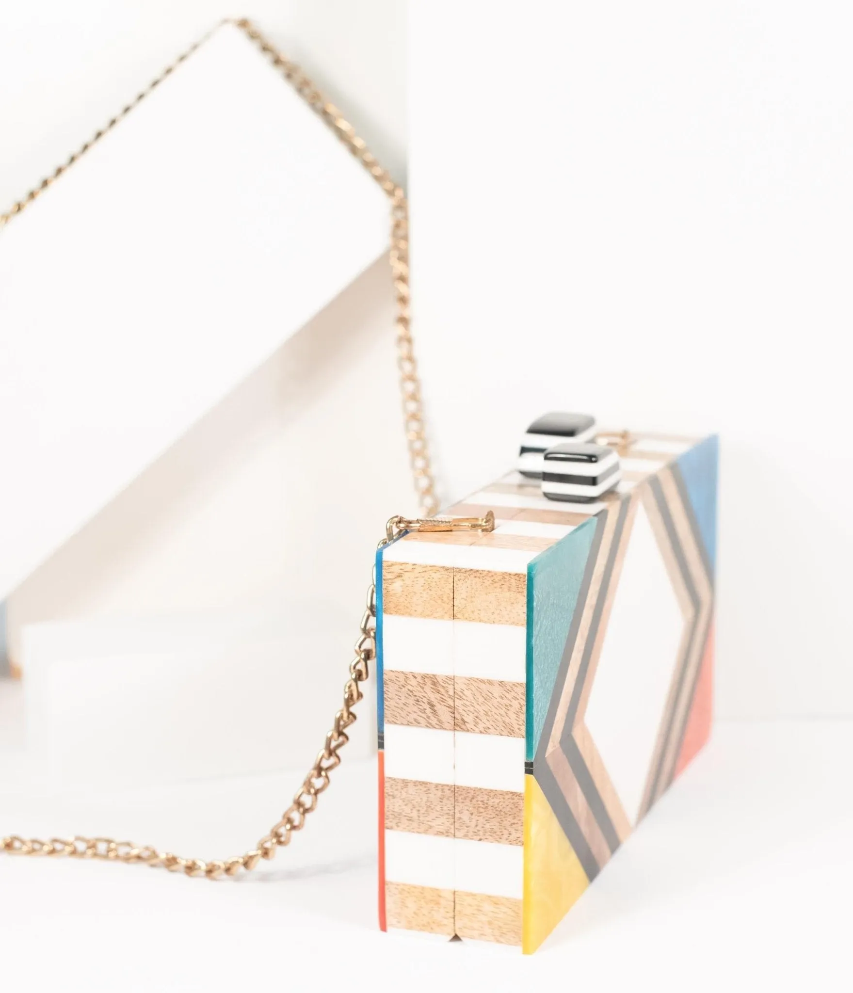 1960s Style Rainbow Chevron Wood & Resin Hard Clutch