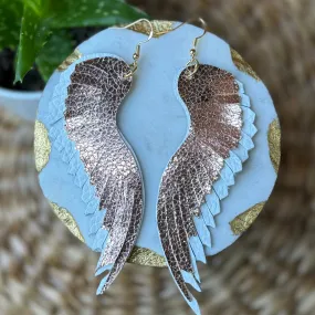 Angelica Angel Wings - Rose Gold + White - Leather Earrings