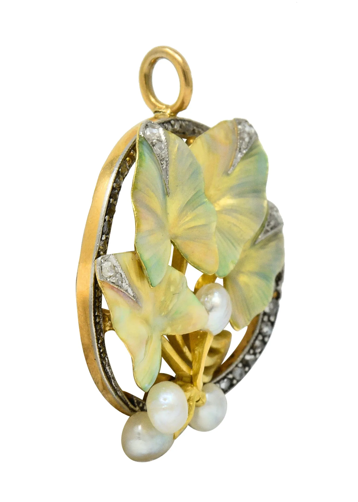 Art Nouveau Enamel Pearl Diamond Platinum-Topped 18 Karat Two-Tone Gold Ivy Pendant