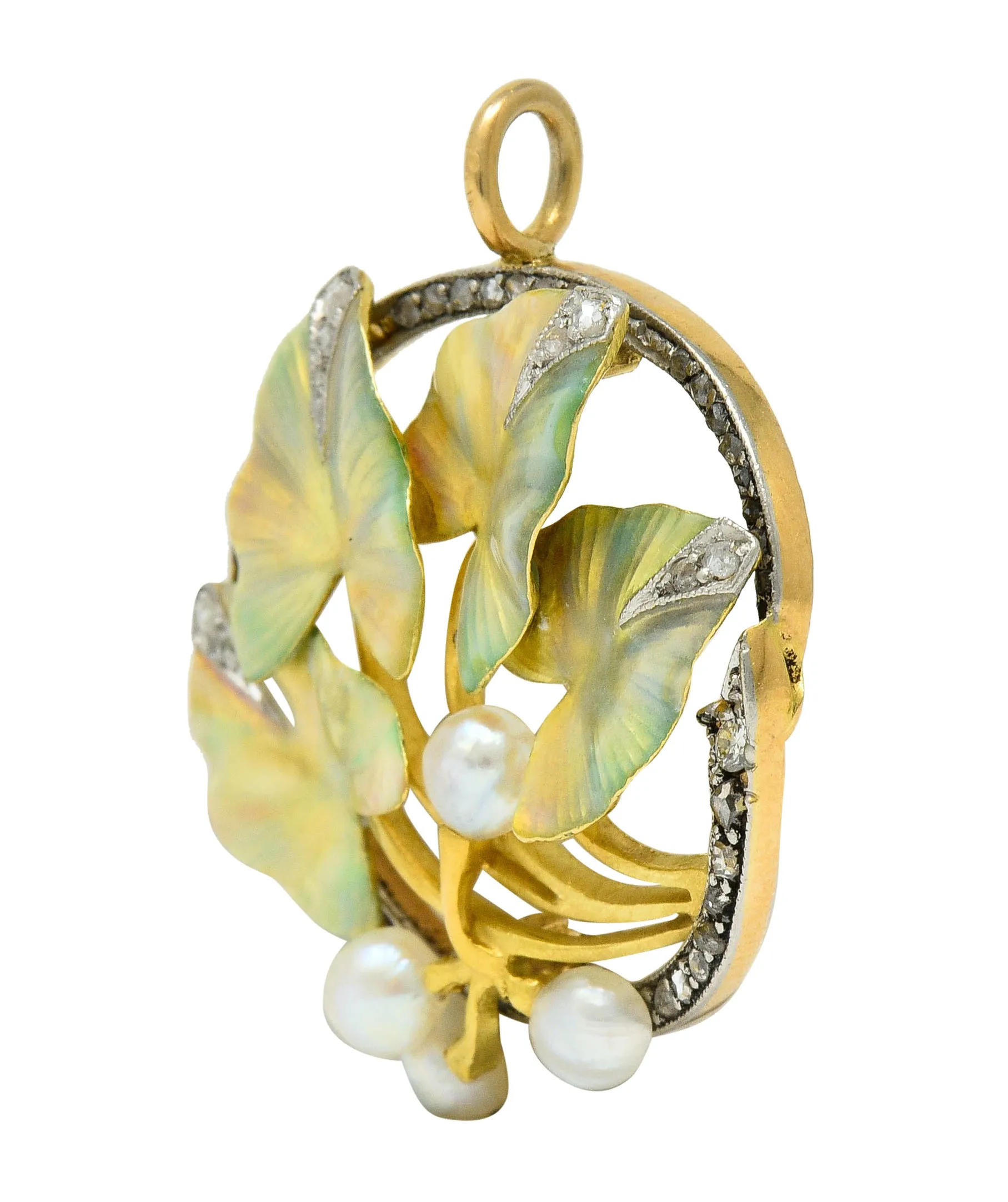 Art Nouveau Enamel Pearl Diamond Platinum-Topped 18 Karat Two-Tone Gold Ivy Pendant