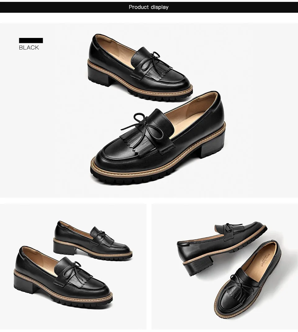 Autumn Women's Calfskin Leather Bow-knot Round Toe Slip-on Tassel Loafers