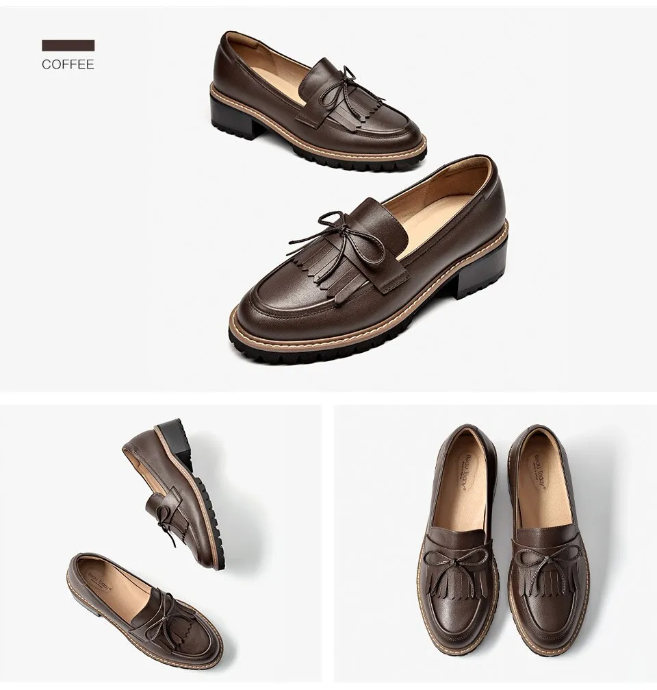 Autumn Women's Calfskin Leather Bow-knot Round Toe Slip-on Tassel Loafers