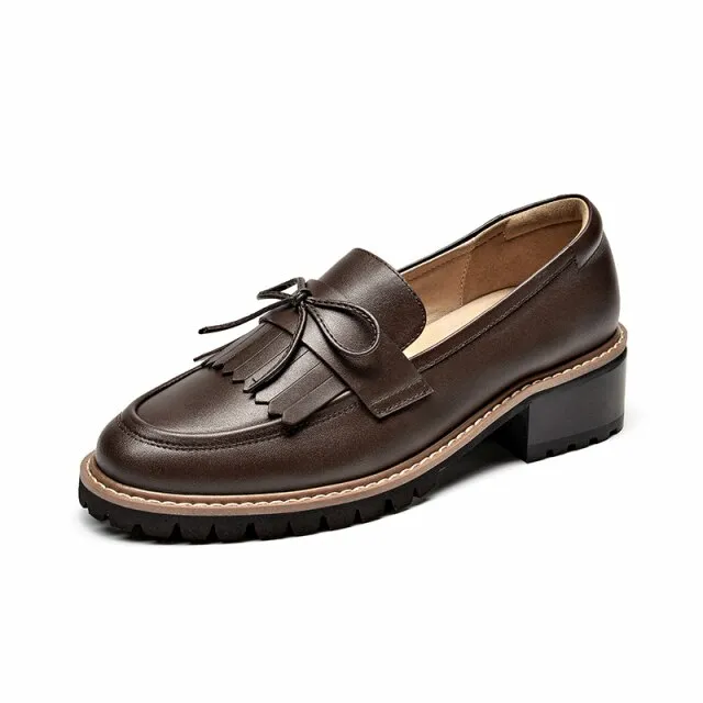 Autumn Women's Calfskin Leather Bow-knot Round Toe Slip-on Tassel Loafers