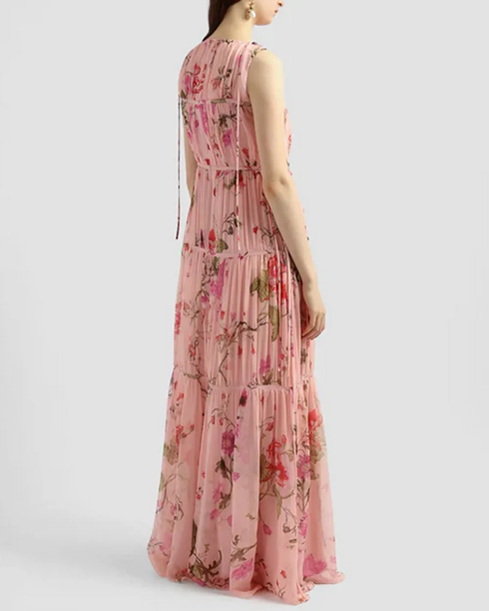 Ballet Pink Sleeveless Tiered Tie Gown