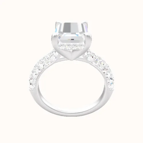 Cathedral Three Row Pave Engagement Ring With V Prong with Hidden Halo Head