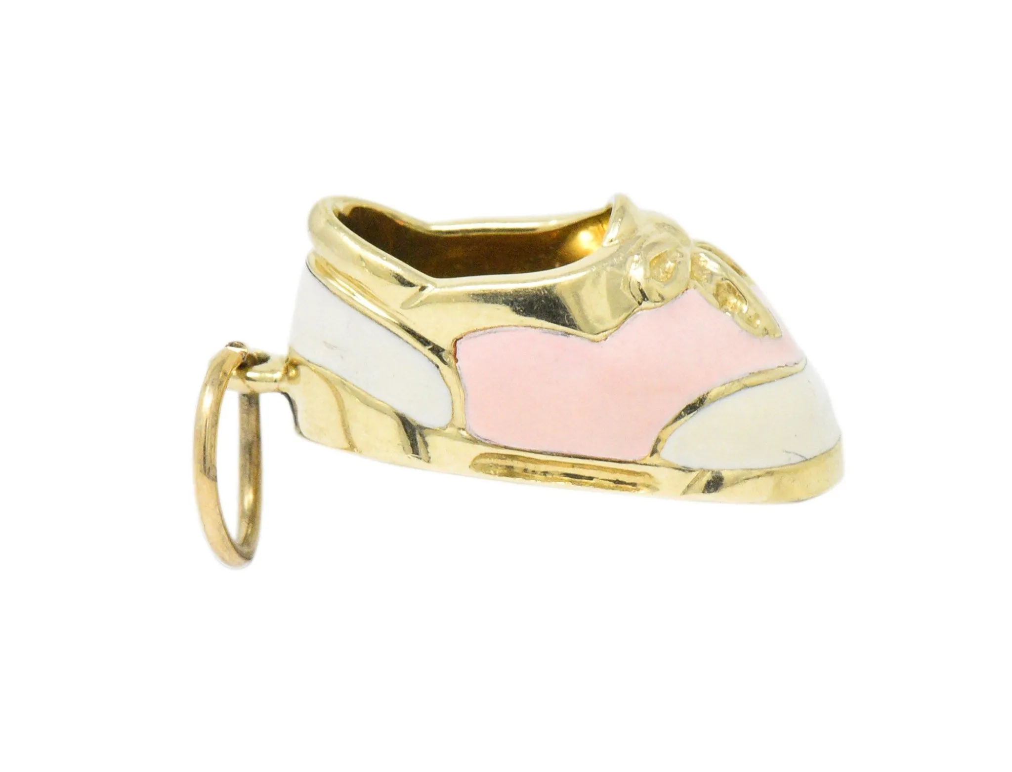 Contemporary 14 Karat Gold Pink Cream Enamel Saddle Shoe Charm