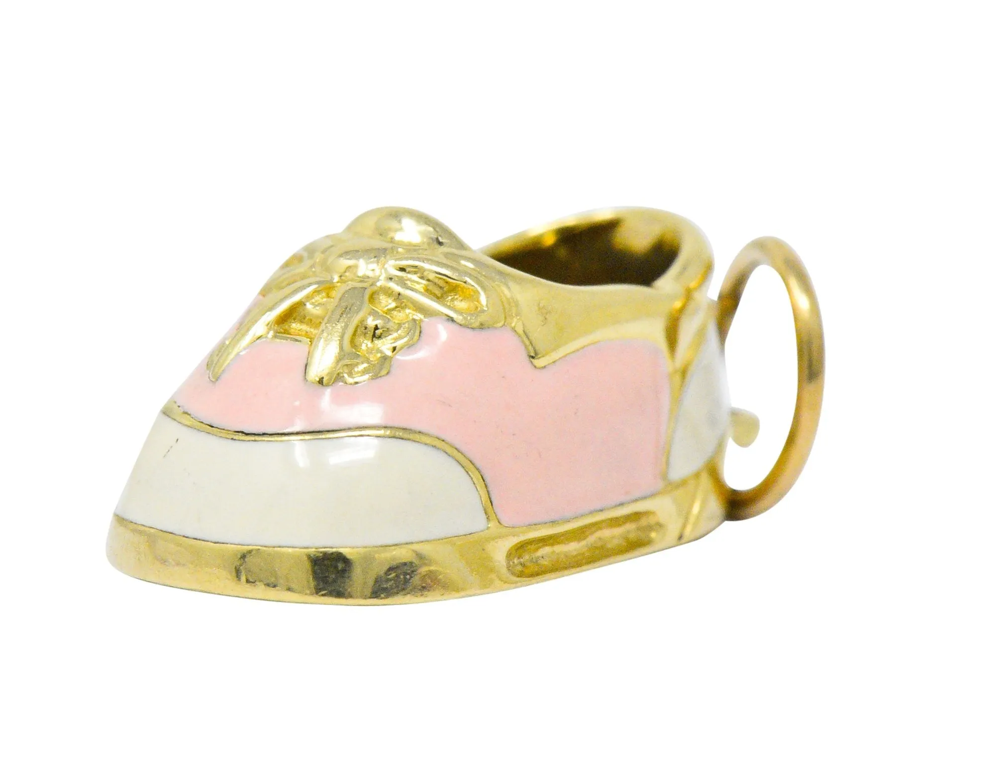 Contemporary 14 Karat Gold Pink Cream Enamel Saddle Shoe Charm