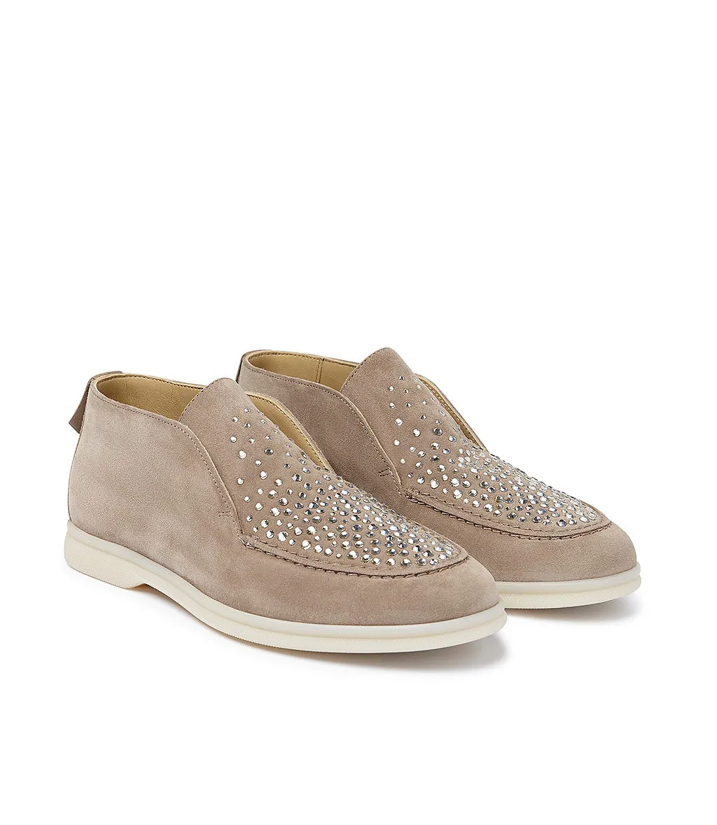 Crystal-embellished Beige suede loafers
