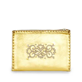 Embroidered Leather Pouch in Gold, Beige