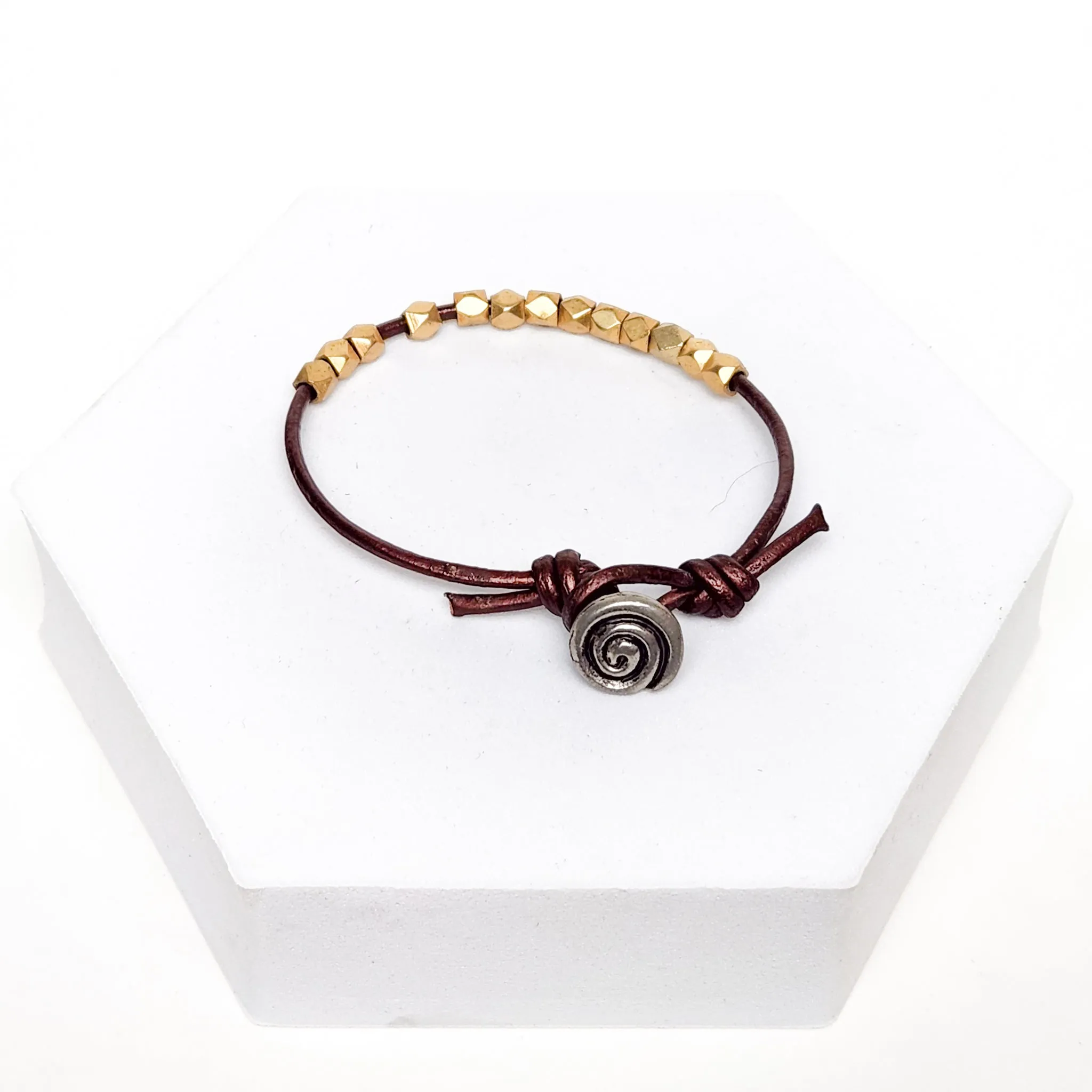 Faceted Metal Leather Bracelet - Gold