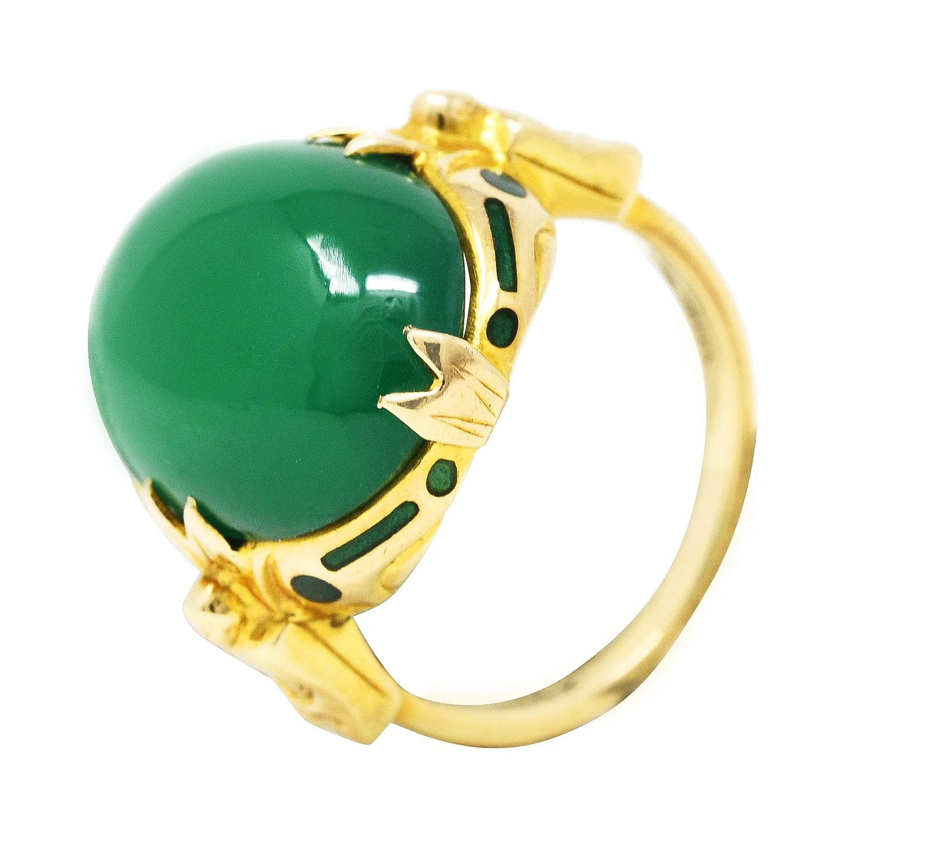 Felger Art Deco Chrysoprase Enamel 14 Karat Yellow Gold Buddha Lotus Ring