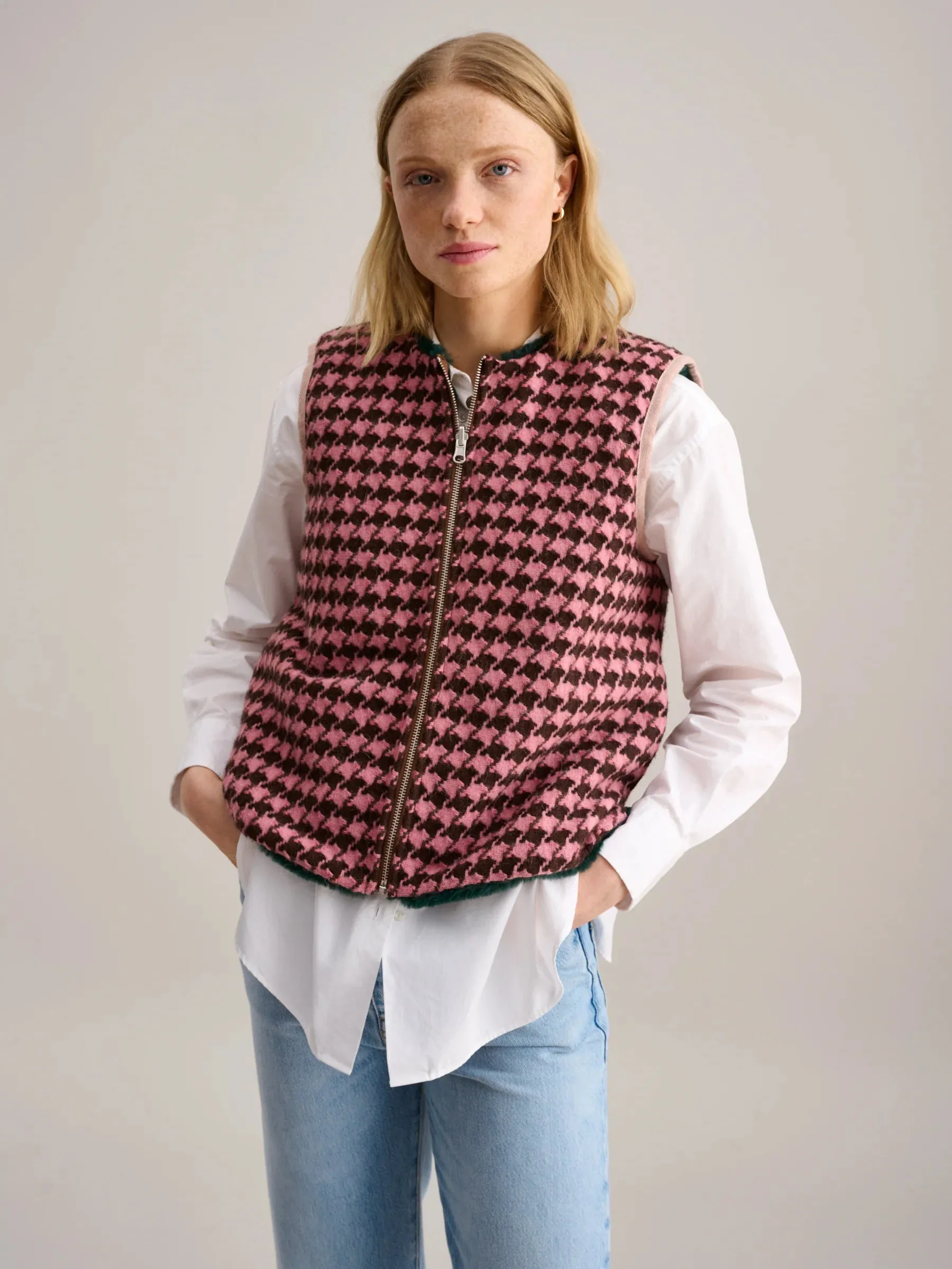 GILET REVERSIBILE ECO PELLICCIA/PIED DE POULE