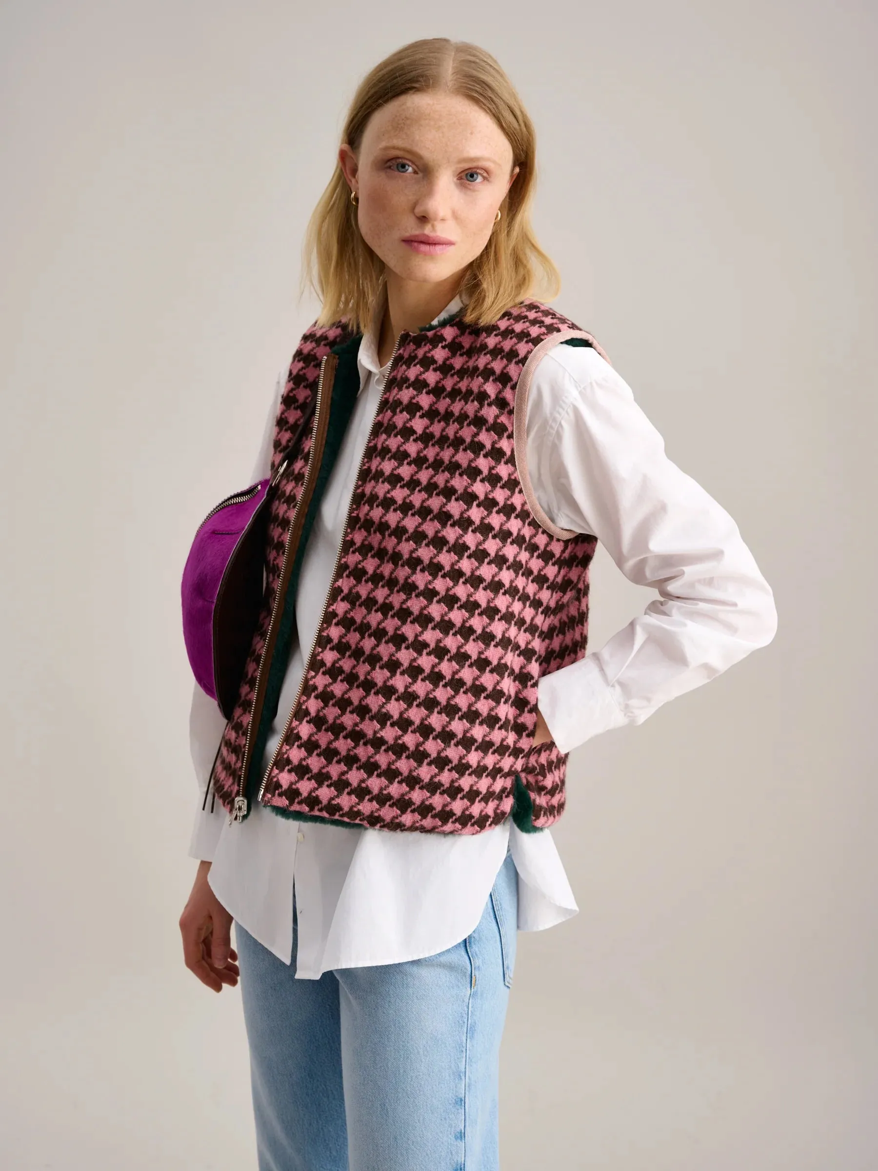 GILET REVERSIBILE ECO PELLICCIA/PIED DE POULE