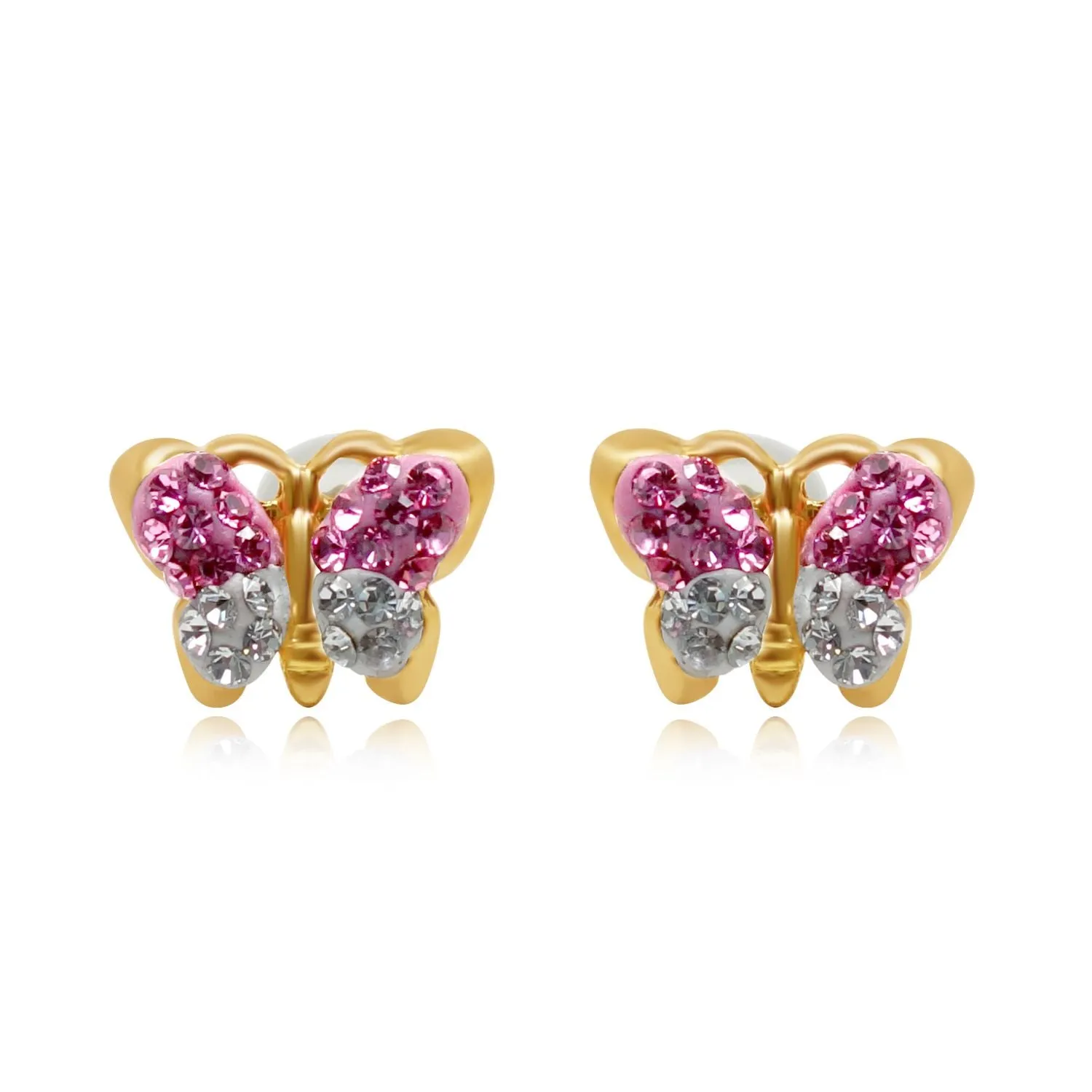 Jewelili 10K Yellow Gold Pink Preciosa Crystal and White Preciosa Crystal Butterfly Stud Earrings