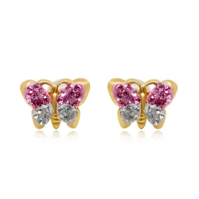 Jewelili 10K Yellow Gold Pink Preciosa Crystal and White Preciosa Crystal Butterfly Stud Earrings