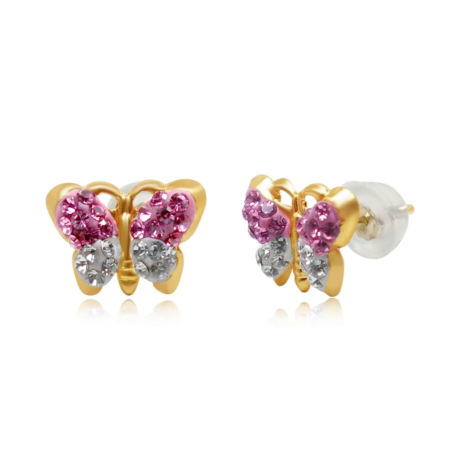 Jewelili 10K Yellow Gold Pink Preciosa Crystal and White Preciosa Crystal Butterfly Stud Earrings