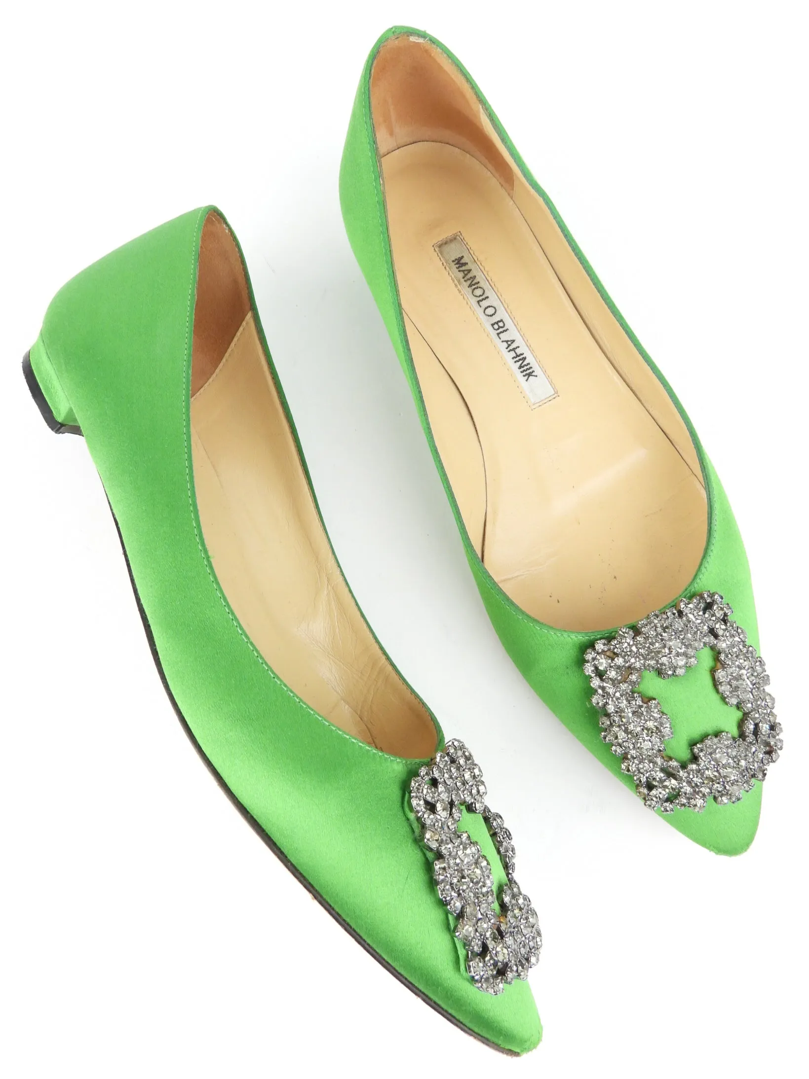Manolo Blahnik Green Satin Crystal Embellished Hangisi Ballet Flats - 35.5