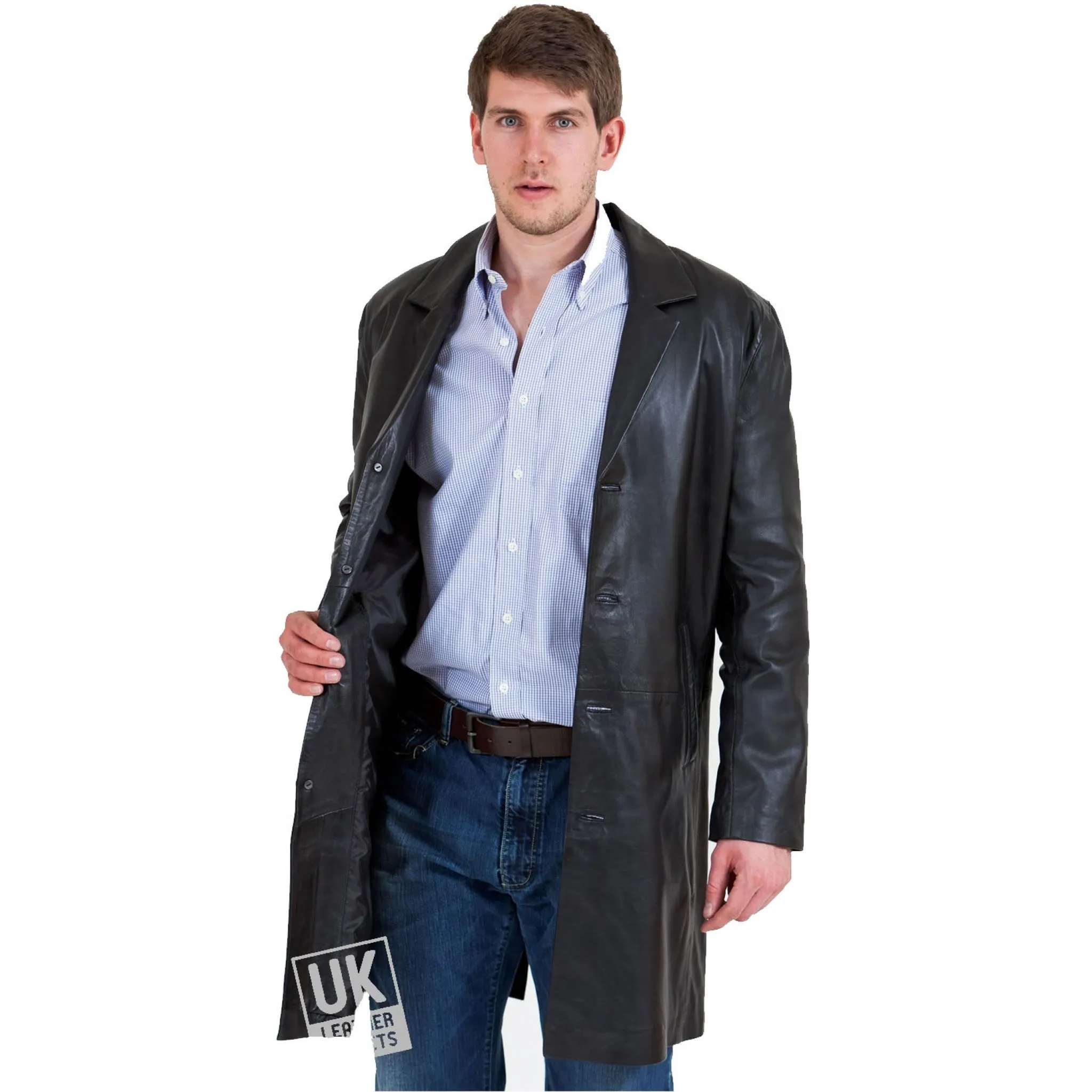 Mens 3/4 Length Black Leather Coat - Plus Size - Henley | UK Leather Jackets