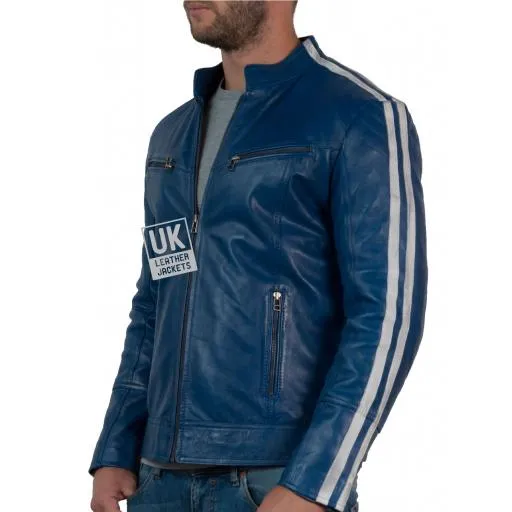 Mens Blue Leather Biker Jacket - Summit | UK Leather Jackets