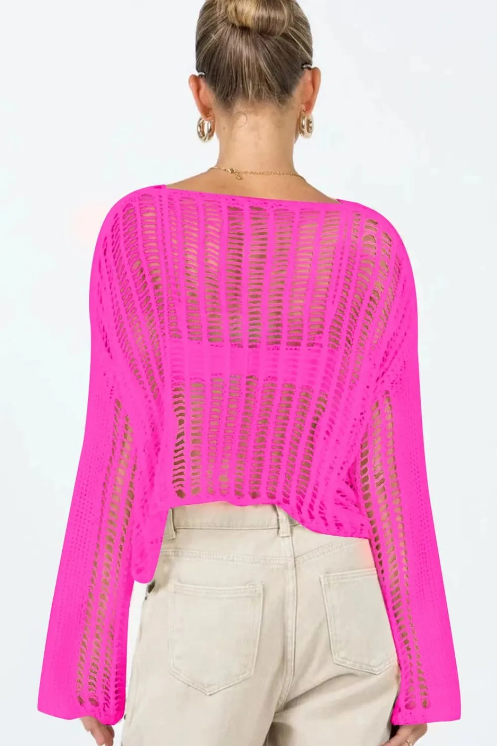 Openwork Boat Neck Long Sleeve Cover Up