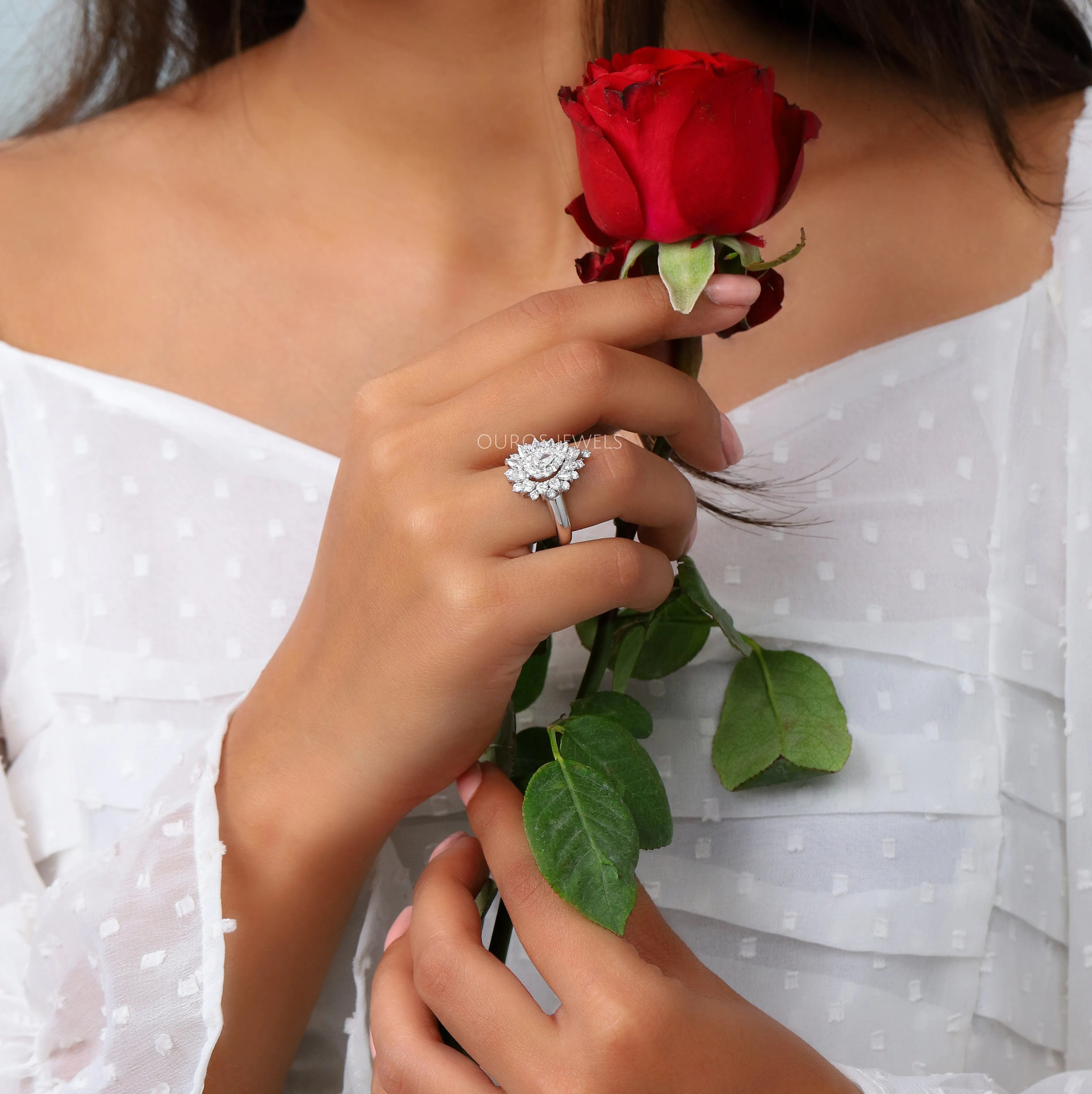 Pear And Round Double Halo Engagement Ring