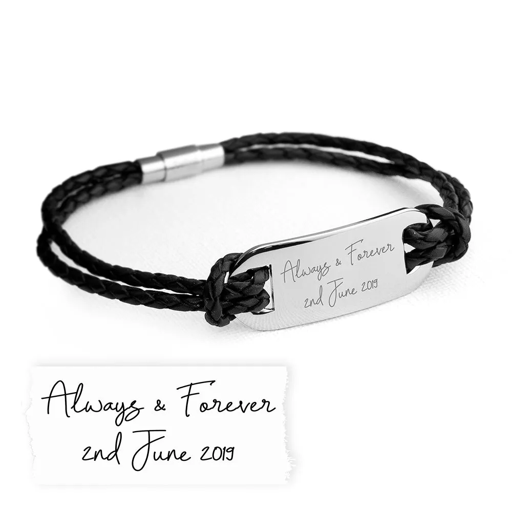 Personalised Handwriting Mens Black Leather Bracelet