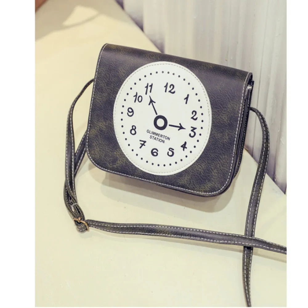 Retro Clock Printed Leather Women Shoulder Bags Lovely College Crossbody Bag School Messenger Bags Women's Hbags