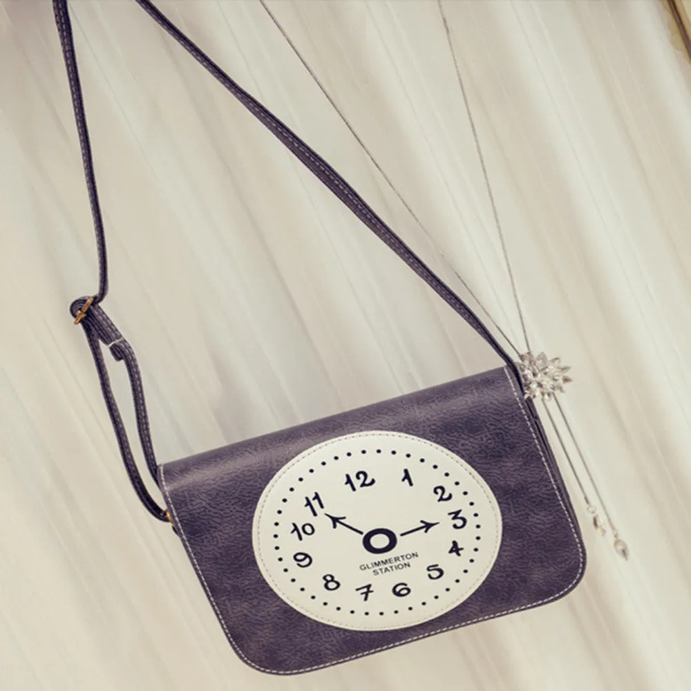 Retro Clock Printed Leather Women Shoulder Bags Lovely College Crossbody Bag School Messenger Bags Women's Hbags