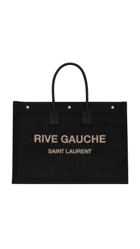 Rive Gauche Large Tote Bag in Embroidered Raffia and Leather - Black