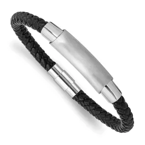 Stainless Steel & Braided Black Leather Tube Bracelet, 8.25 Inch