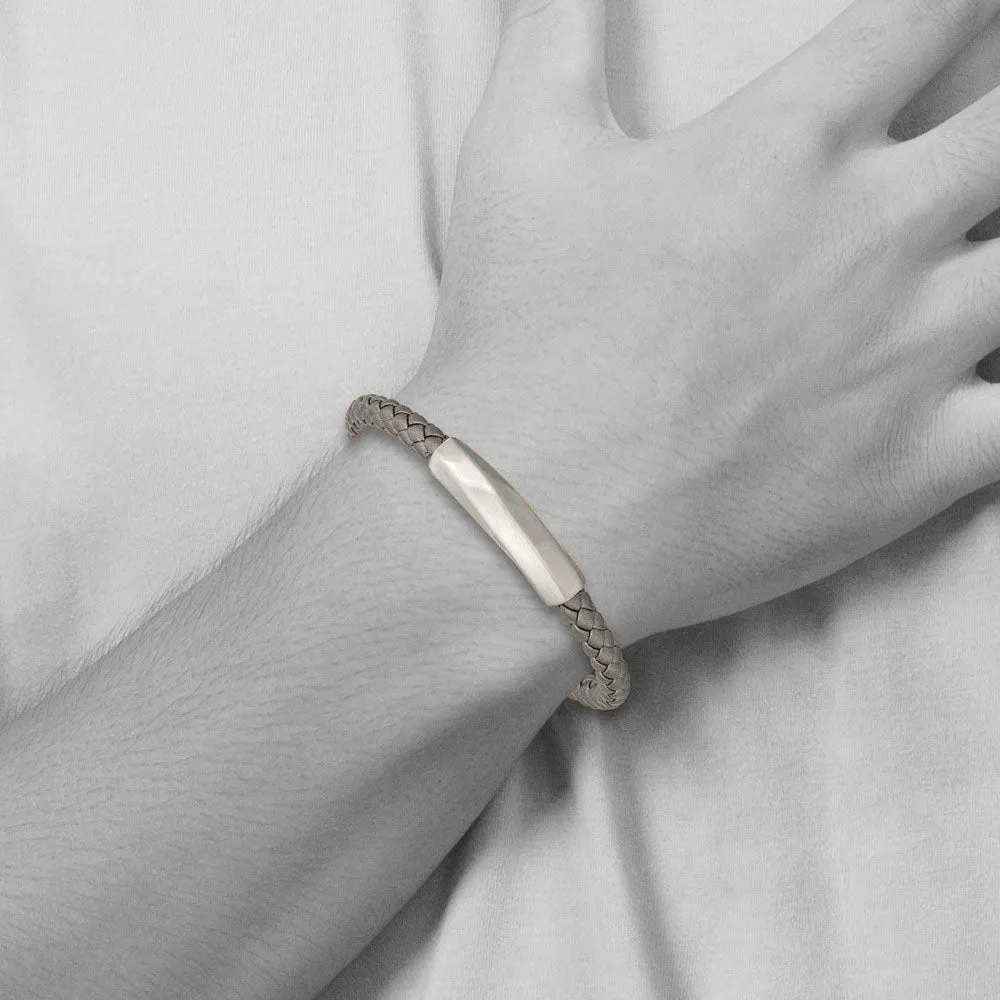 Stainless Steel & Gray Leather Brushed Freeform Tube Bracelet, 8.25 In