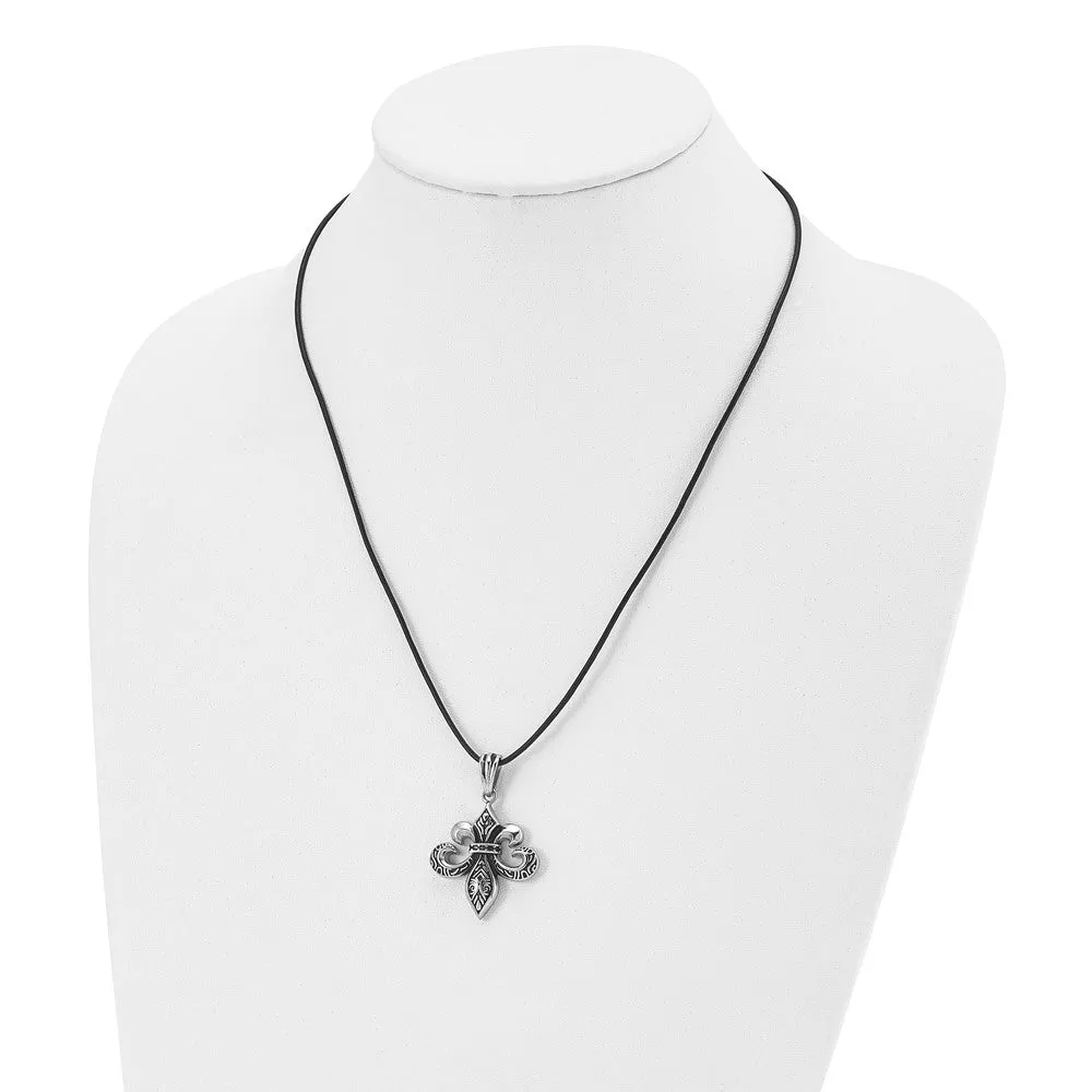 Stainless Steel & Leather Cord Antiqued Fleur de lis Necklace, 20 Inch