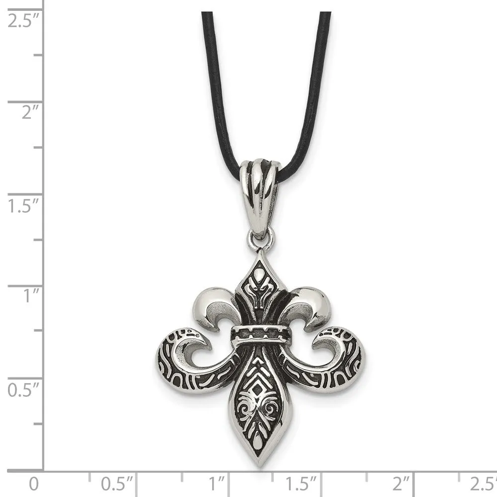 Stainless Steel & Leather Cord Antiqued Fleur de lis Necklace, 20 Inch