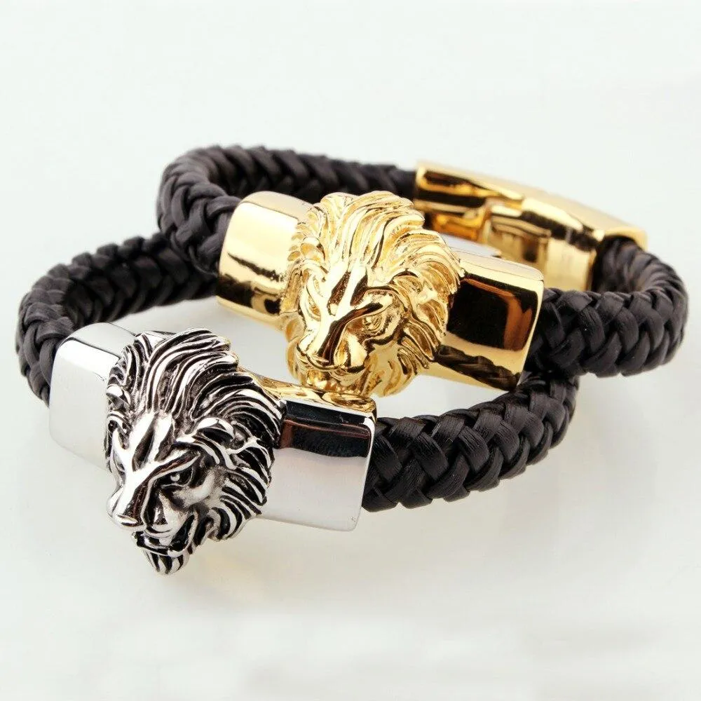 Stainless Steel Gold Plated Black Leather Lion Bracelet