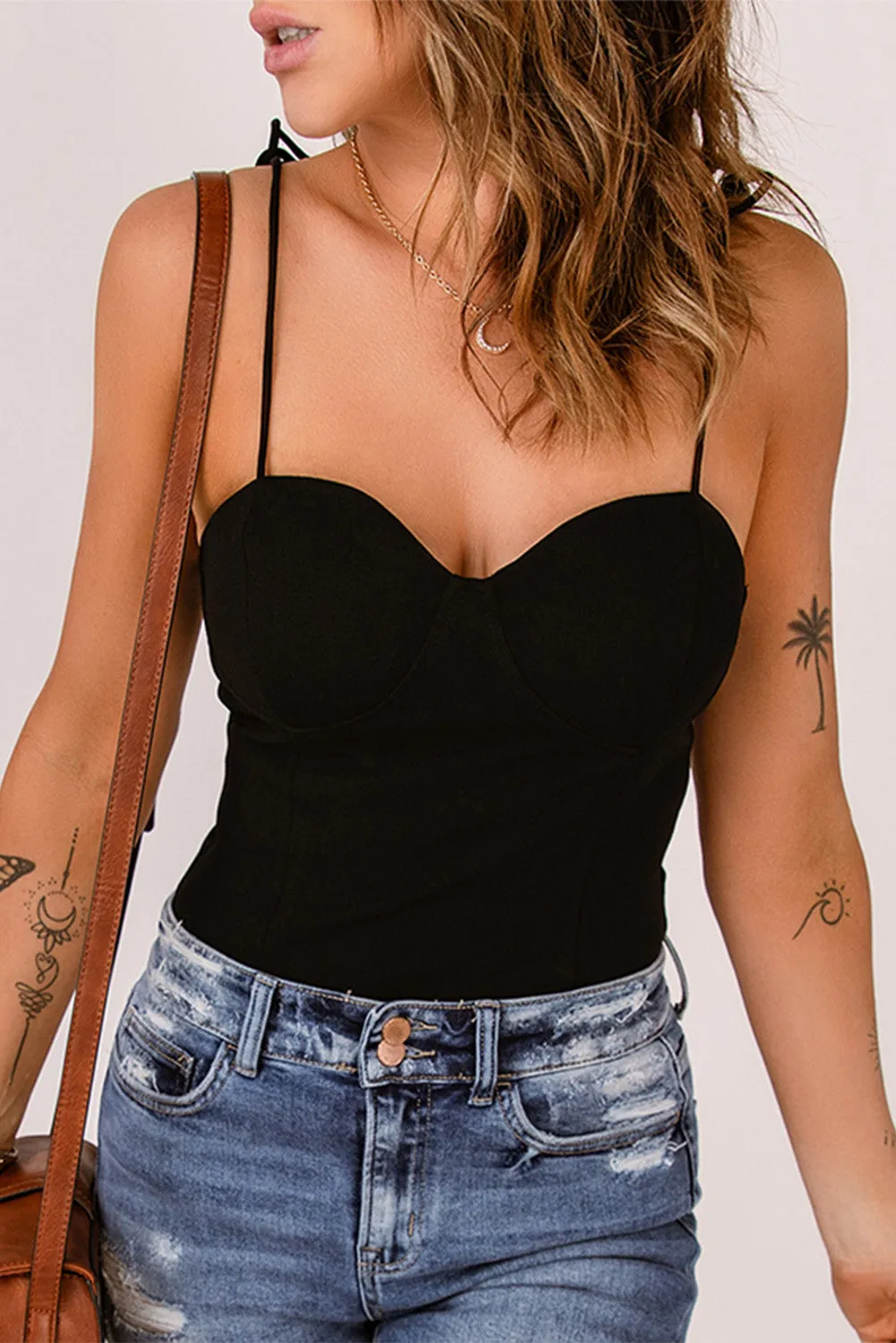 Tie-Shoulder Sweetheart Neck Bodysuit