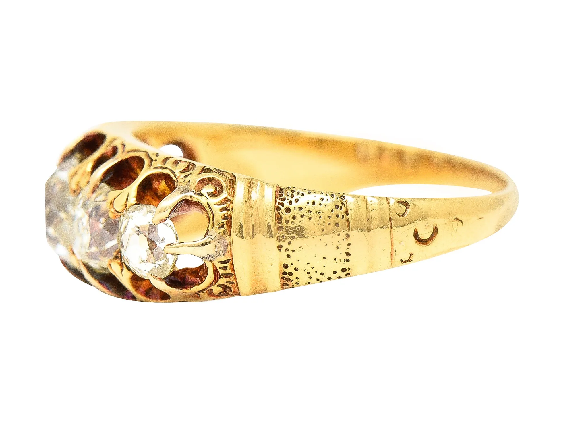 Victorian 1.40 CTW Old Mine Cut Diamond 18 Karat Yellow Gold Belcher Crescent Antique Five Stone Band Ring