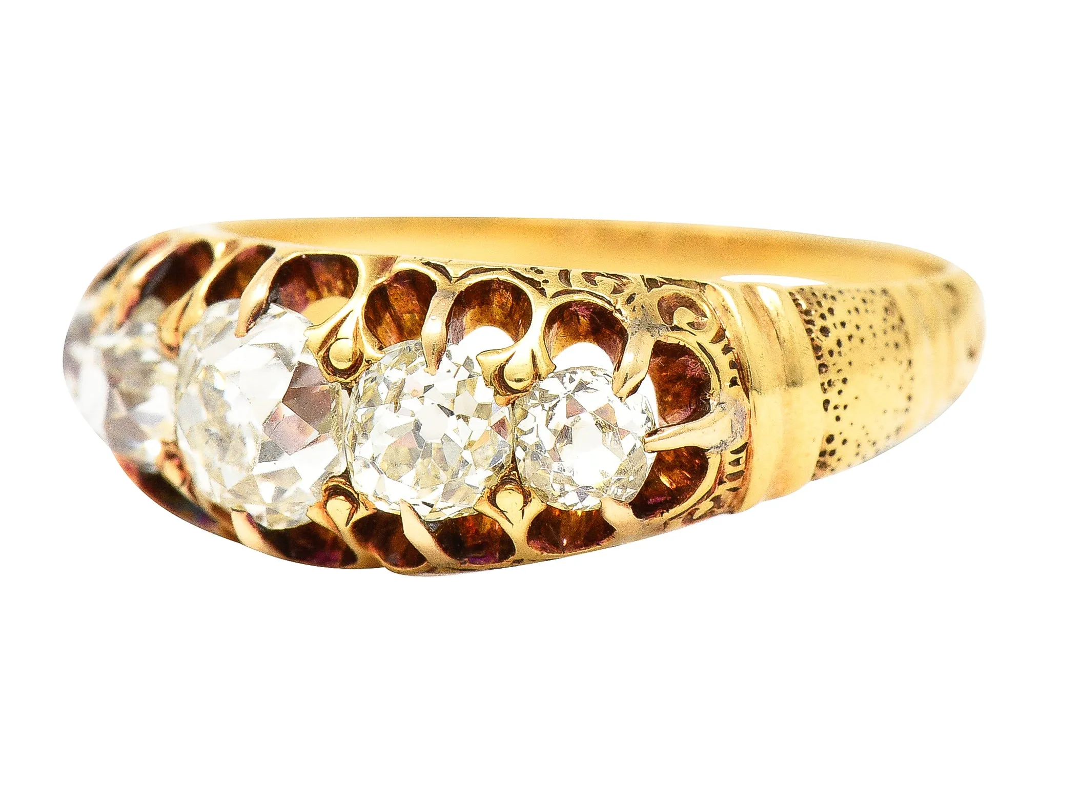 Victorian 1.40 CTW Old Mine Cut Diamond 18 Karat Yellow Gold Belcher Crescent Antique Five Stone Band Ring