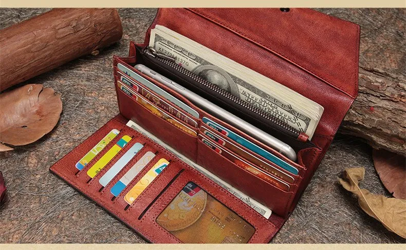 Vintage Women's Leather Vertical Long Card Holder Handmade Clutch Wallet