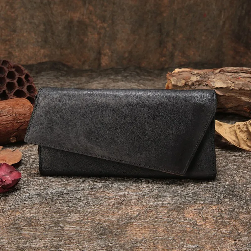 Vintage Women's Leather Vertical Long Card Holder Handmade Clutch Wallet