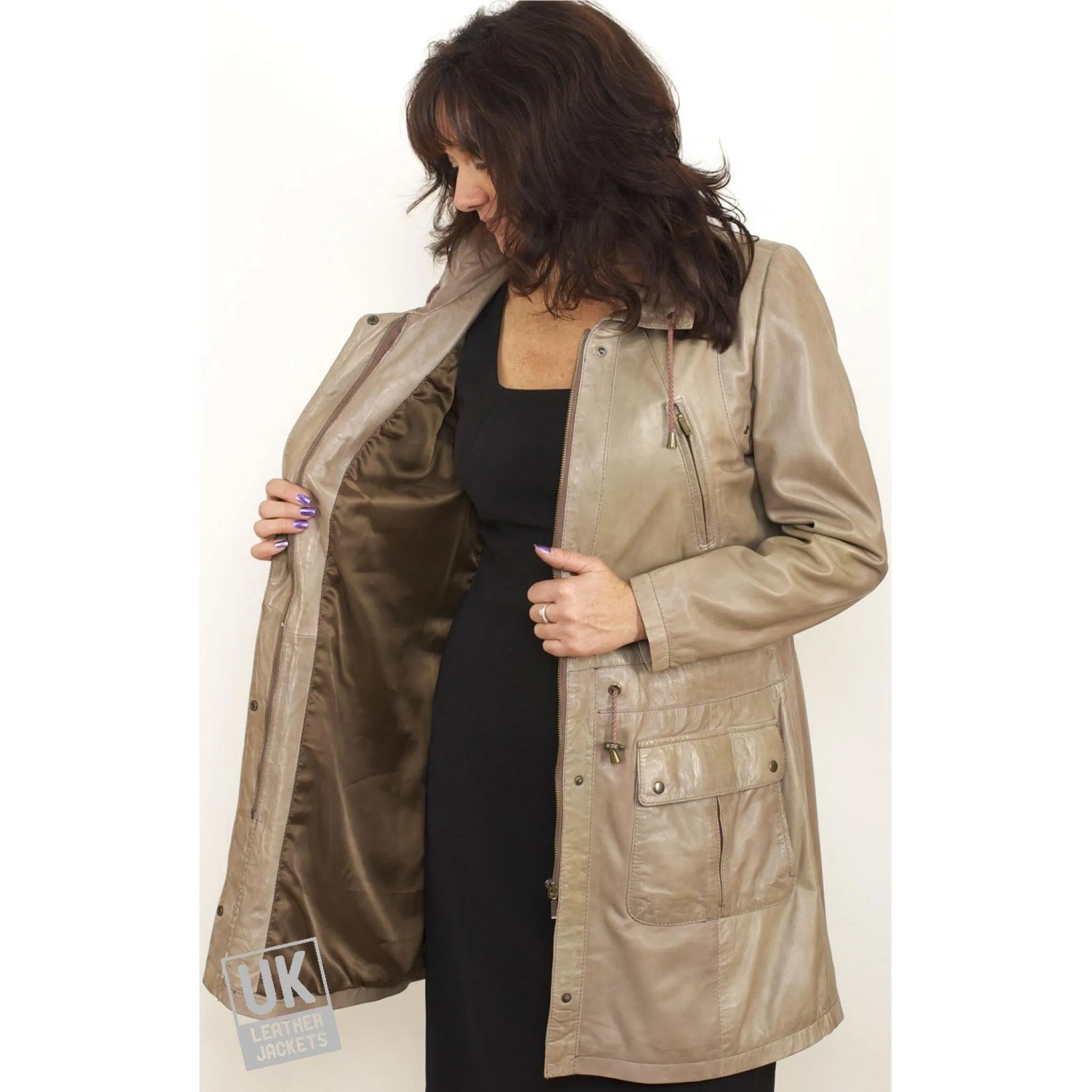 Womens Taupe Leather Parka Coat - Hazel | UK Leather Jackets