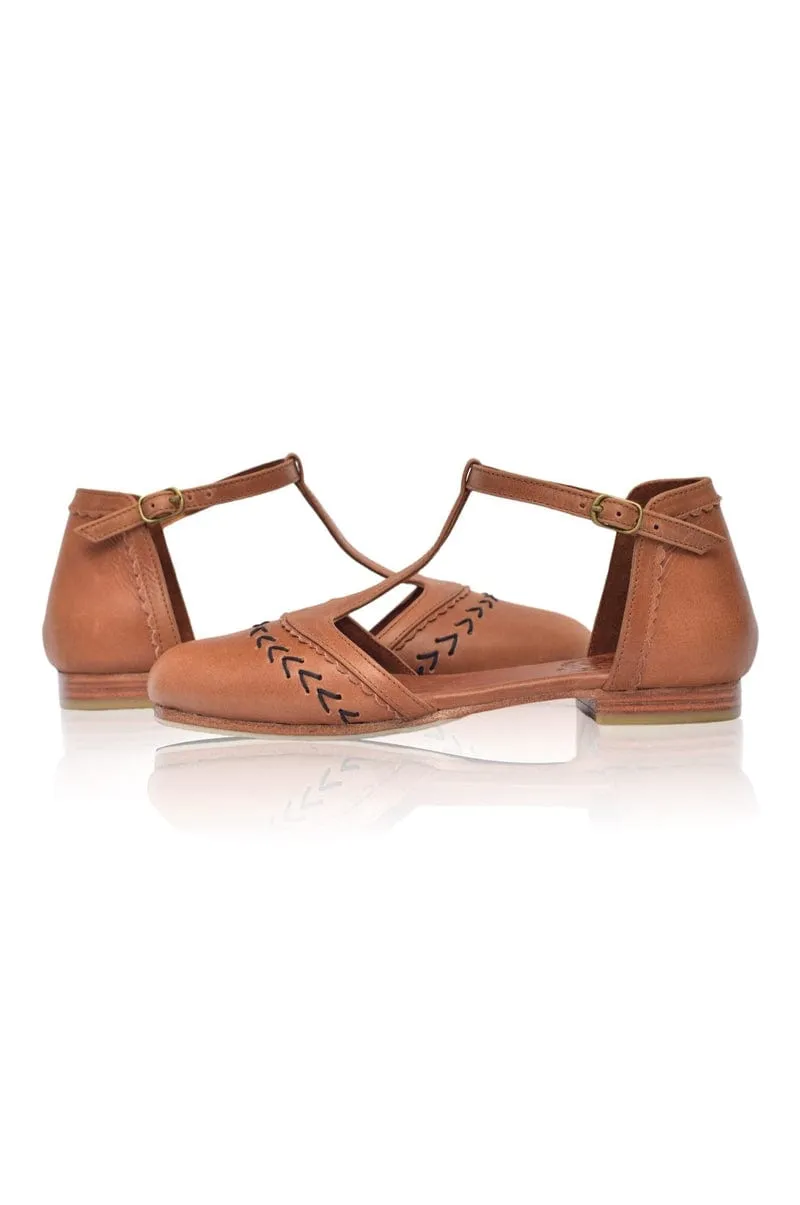 Wonderland T-strap Leather Flats in Vintage Camel