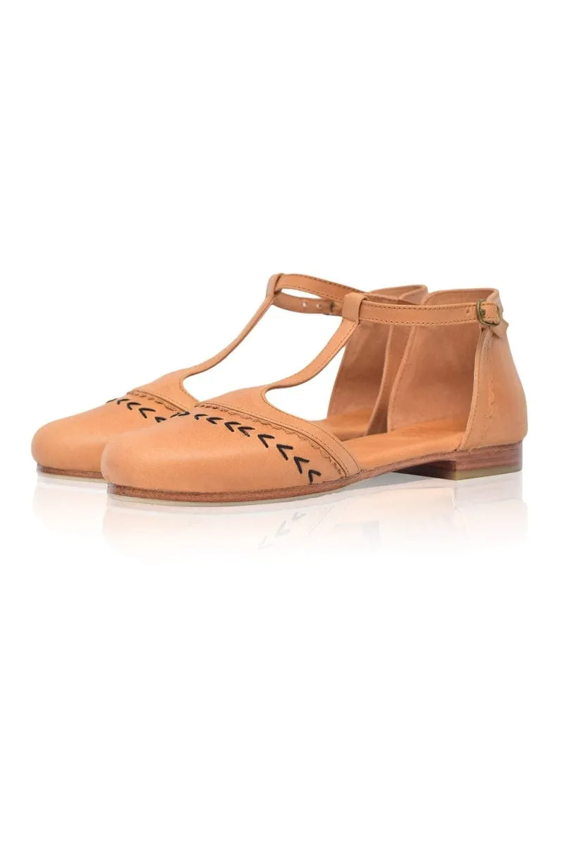 Wonderland T-strap Leather Flats in Vintage Camel