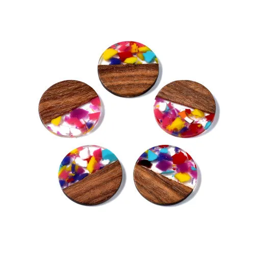 Wooden Pendants, Flat, Round, Saddle Brown, Walnut Wood, Multicolored, Resin, 28mm