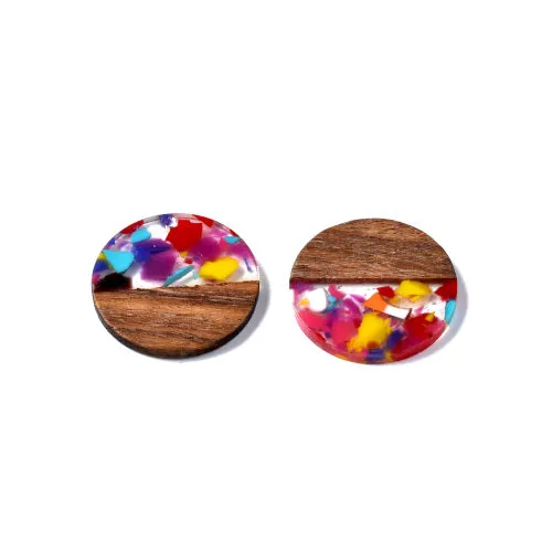 Wooden Pendants, Flat, Round, Saddle Brown, Walnut Wood, Multicolored, Resin, 28mm