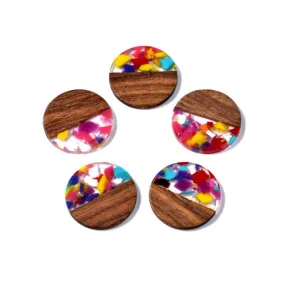 Wooden Pendants, Flat, Round, Saddle Brown, Walnut Wood, Multicolored, Resin, 28mm